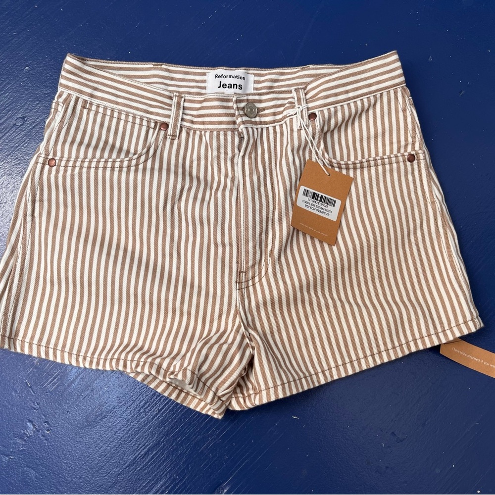 Reformation Tan and White Striped Jean Shorts